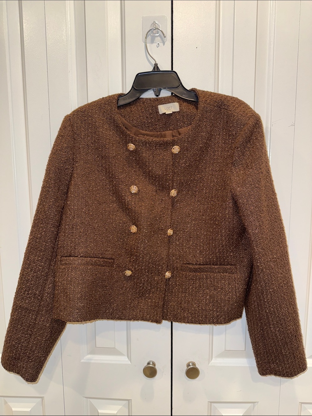LOFT Brown Bouclé Double-Breasted Crop Blazer